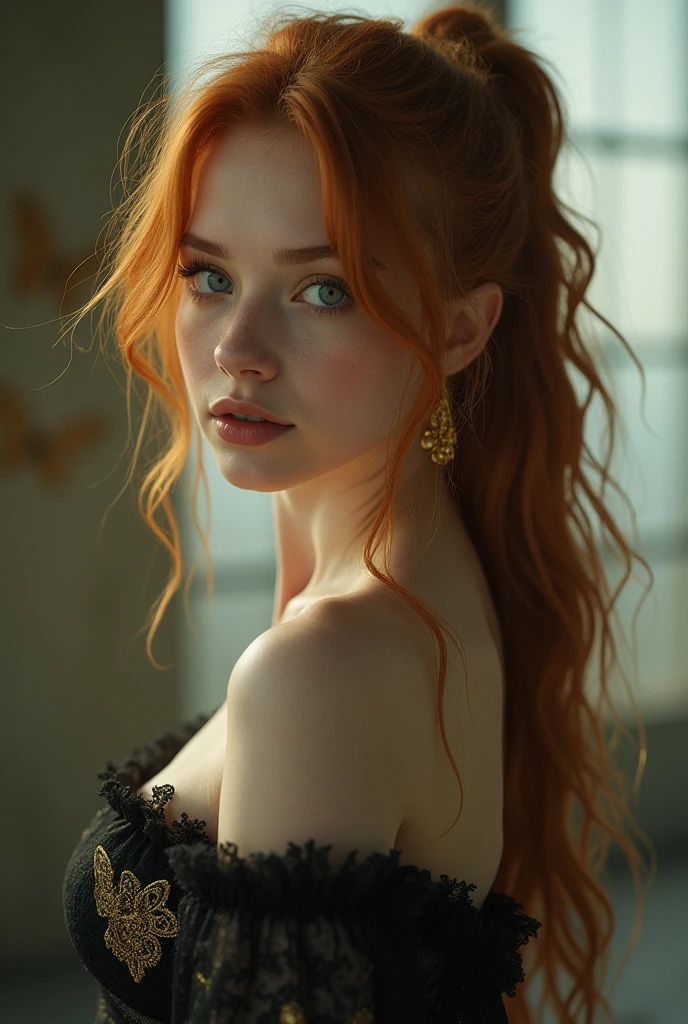 (solo, full body photo:1.3), (action packed:1.3), (haze, fog, mist:1.3), chiaroscuro, best quality, photorealistic, 1woman, (cute), (24yo:1.2), redhead, long ginger hair highly detailed, 1700'S, digital photography, art by artgerm and ruan jia and greg rutkowski surreal painting gold butterfly filigree, broken glass, (masterpiece, sidelighting, finely detailed Fashionable eyes: 1.2) (perfect oval large eyes that gazes at the viewer), beautiful detailed face, blue gorgeous perfect eyes, (blonde hair ponytail), (attractive young woman:1.3), (thick amazing hair), (seductive:1.1), (blushing:1.1)