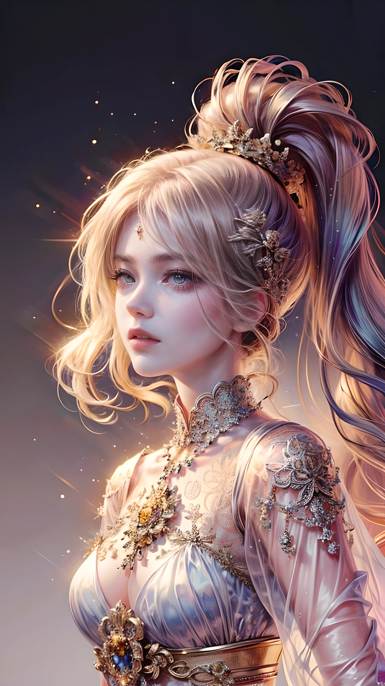 Masterpiece,highest resolution,((moon)),Wear silk clothes to cover your body..,A group of beautiful noble women,Long, elegant golden hair.,Clear purple eyes,Hair is covered with beautiful and delicate floral crafts.., crystal filigree jewelry,The details are very detailed.,raise the level,The whole world is rising up,HD,120K,Falling Flowers Background,Blur background
