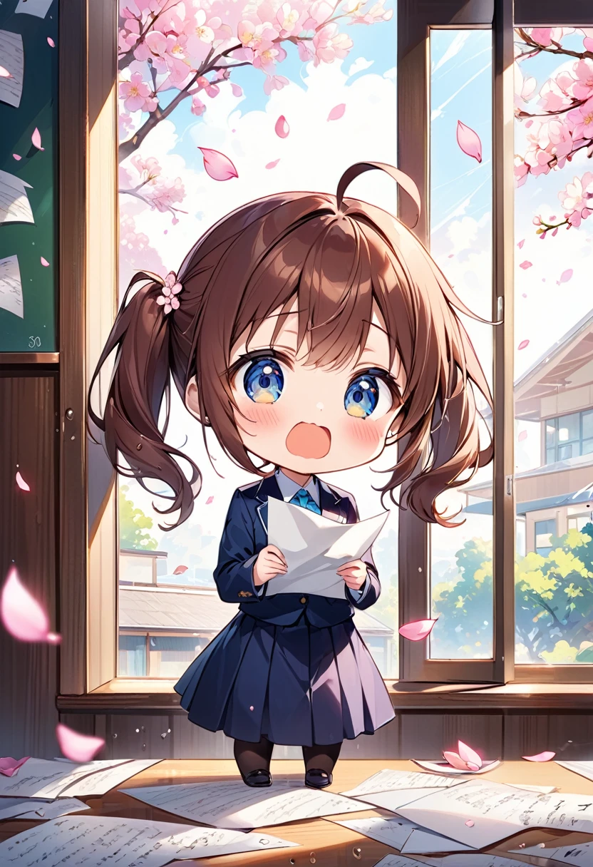 Highest quality、High resolution、Detailed Background、Beautiful face in every detail、Anatomically correct、Detailed facial expressions、fine grain、((full body, from side:1.5, looking away:1.2)), break ((One Girl:1.5)、((Chibi Girl:1)))、Bright pretty brown hair color、big綺麗な青色の瞳、Fuller lips、Pink Lips、Braided twintails、Ahoge、break ((Look at the paper in your hands:1.5、big"30"is written:1.5、Shocked expression、Gets watery eyes:1.5))、(The background is a high school classroom、Cherry blossom petals come in through the window、spring)