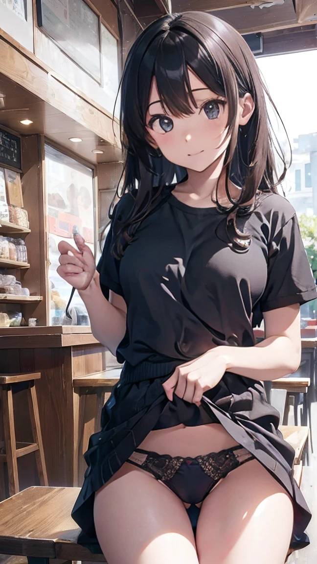 ((Highest quality)), (detailed), Perfect Face、((Highest quality)), (detailed), Perfect Face、Work as a manager at a popular cafe, 3、In a café in the daytime, ((Stand and show)), Spread your legs, ブラウス, ID card hanging from neck, Take off your black panties、 Holding the panties you took off in your hands、Angle from the front、((She has panties、Showing it to me。:1.5))、((Erect nipples: 1.1)), (( Small breasts :1.5 )), ((Small round areola :1.3, ライトピンク:1.3 )), (((スカートめくり, ズボンがない, Genitals are visible))), ((masterpiece)), ((masterpiece))