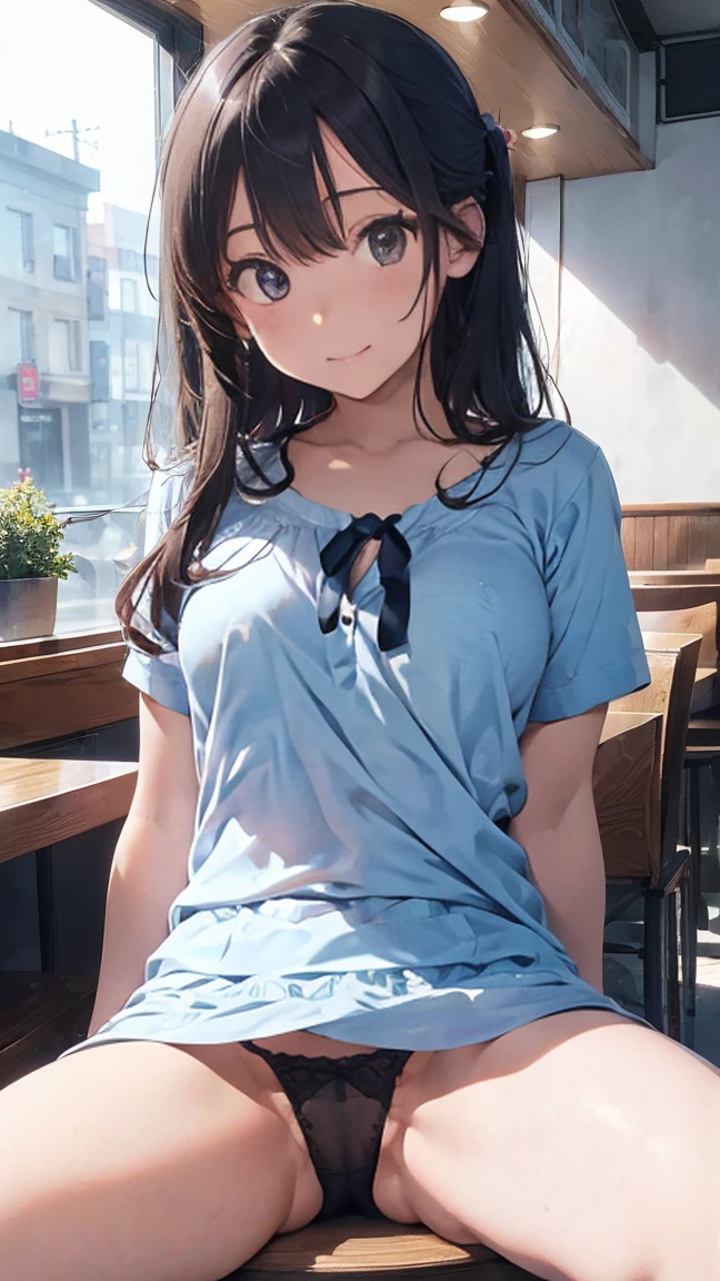 ((Highest quality)), (detailed), Perfect Face、((Highest quality)), (detailed), Perfect Face、Work as a manager at a popular cafe, 3、In a café in the daytime, ((Stand and show)), Spread your legs, ブラウス, ID card hanging from neck, Take off your black panties、 Holding the panties you took off in your hands、Angle from the front、((She has panties、Showing it to me。:1.5))、((Erect nipples: 1.1)), (( Small breasts :1.5 )), ((Small round areola :1.3, ライトピンク:1.3 )), (((スカートめくり, ズボンがない, Genitals are visible))), ((masterpiece)), ((masterpiece))