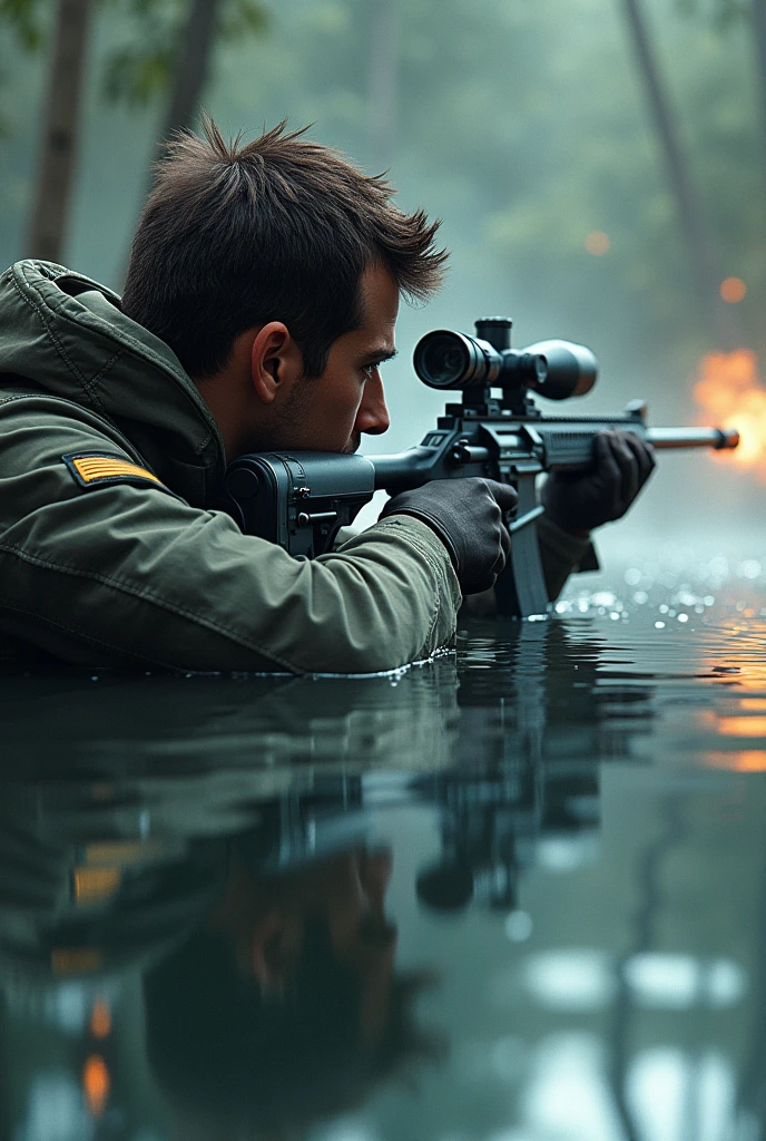Absurd, High resolution, Super detailed, beautiful, masterpiece, Highest quality、水面に光がreflectionしている、reflection、Realな質感、Realistic、Real、Realistic、Blur、Sniper、Shooting、foaming、The moment of the shot、