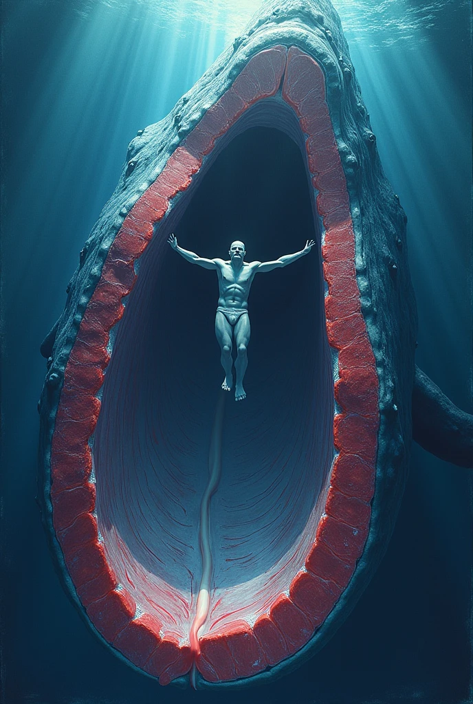 Show a blue whale's heart is so big a human could swim in one of its arteries, shows how the heart of blue whales is simply colossal, with arteries that could easily accommodate an adult. It is made in the form of a drawing showing a human being inside the whale's artery.