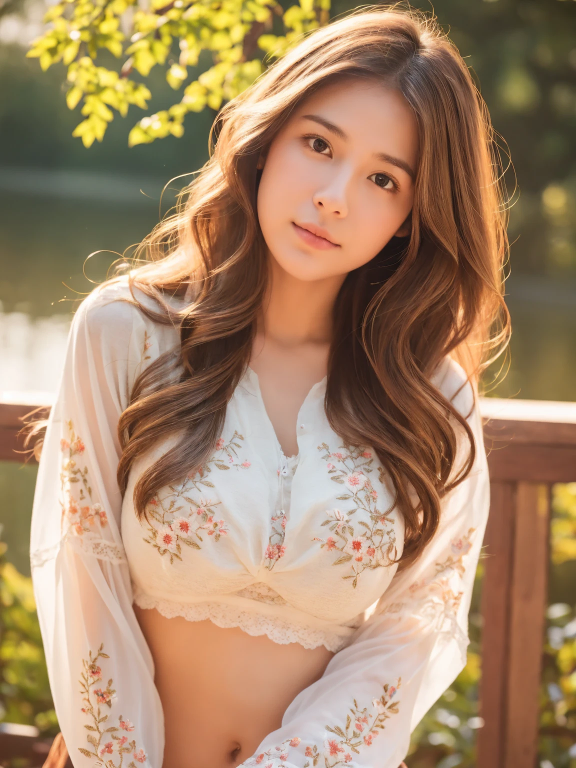 "A serene and soft portrait of a young woman with long, wavy, light brown hair, natural medium big breast, calm and thoughtful expression. Wearing a light-colored, loose-fitting blouse with floral embroidery on the sleeves. The lighting is natural and soft, creating a gentle glow on her face. The background is blurred, with a cool, muted color palette, adding to the peaceful and contemplative mood of the scene."