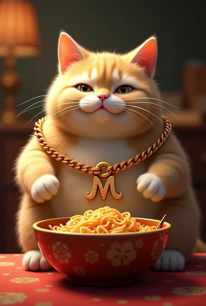 Fat cat inviting friendly with gold chain eating from a bowl of Chinese noodles. Pendant of the chain a curved M