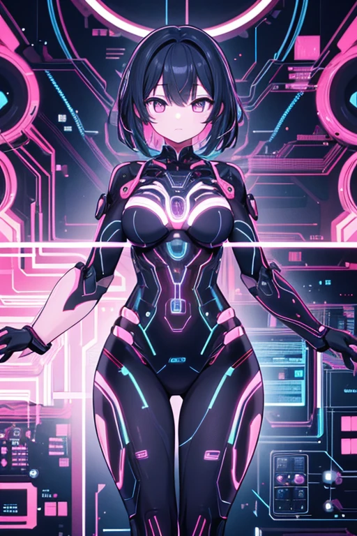 cyborg realistic and intricate perfect beauty face, detailed sharp galaxy glowing eyes, detailed face, (((from face to the waist))), (((thin beauty shape))), ((in realistic neon-lit sci-fi white plugsuit metal mech parts and robotic tentacles with neon-lit lights)), masterpiece, 4k, UHD
