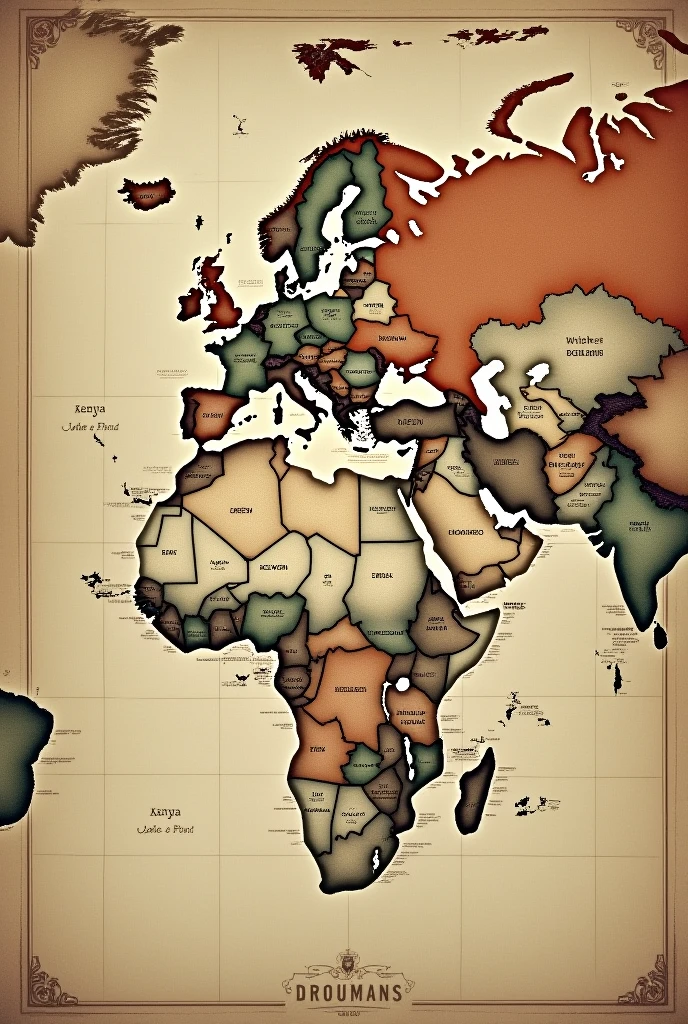 CREATE A HISTORICAL LOOKING WORLD MAP ONLY HIGHLIGHTING kenya, uzbekistan, peru, romania, poland by colouring their territories completely with a vintage looking colour