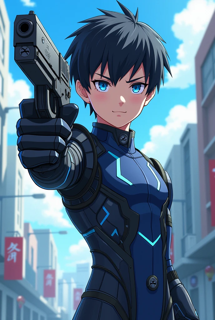 1boy, Black short hair, Blue eyes, Ekkarit Masiha, Suit Super hero, gun, Super Blue, mechanical arm, cyborg, Armor Black, Core Blue, Anime, 