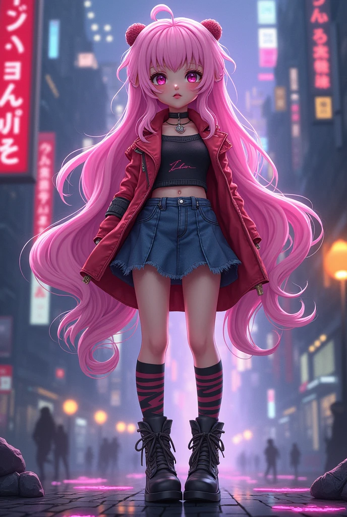 high resolution, best quality, masterpiece, Very high image quality, Extremely detailed, Surrealism, 3d, Japanese cartoons, illustration, fantasy, Hard Rock Girl, Very pretty and cute, Pink wavy hair, Side braids, mini skirt, Knee socks, Engineering boots, Background cyberpunk city galaxy