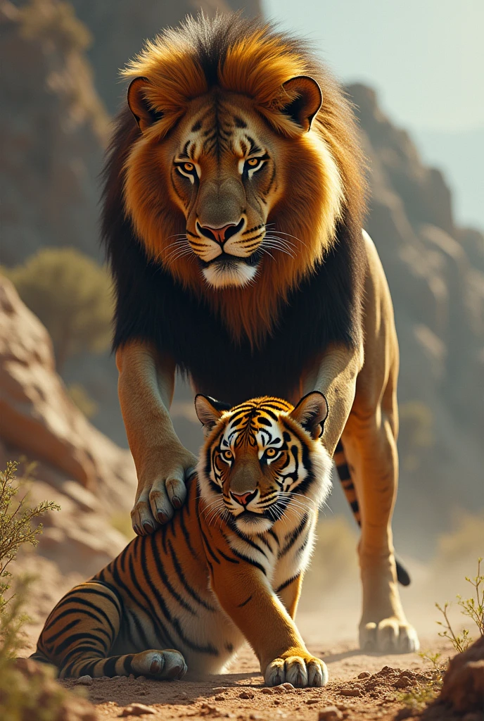 Make a image of tiger and lion in his foot