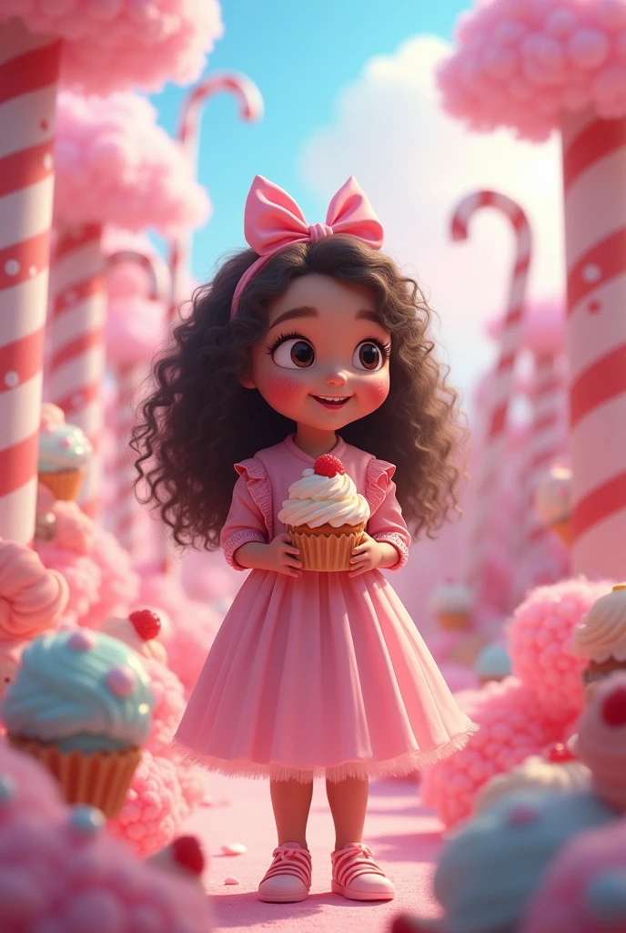 A 10-year-old child , light brown skin with long curly black hair, ,With cupcake in hand . In a sweet world . mer