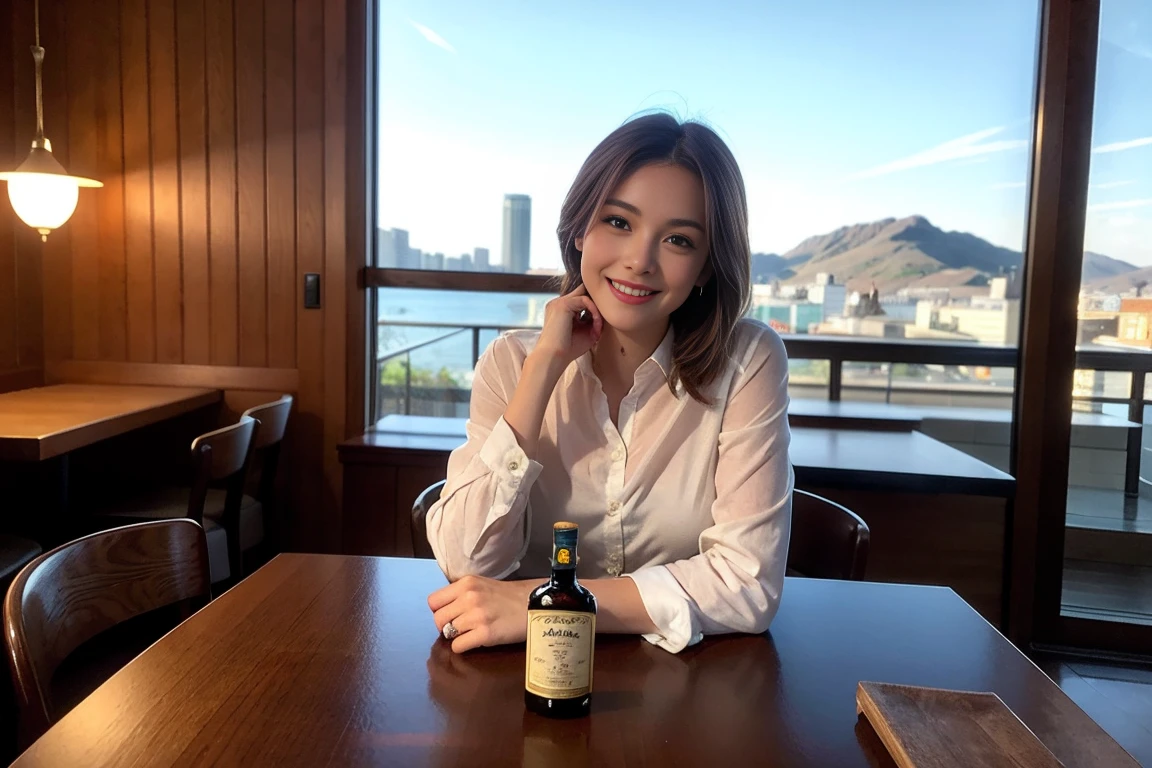 ((Highest quality、8k、masterpiece:1.3))、Whiskey bottles、The Macallan、Joni Black、Old Parr、whiskey、Suntory、Nikka、slimカップル、modelカップル、(Realistic, Intricate details:1.2), full-course dinner、Whiskey bottle and glass on the table、Single Malt、scotch、Rocks glass、Shot Glass、On the rock、Scotland、Amazing view of the sunset sky and clouds、A bright smile、The wonderfulness of smile、 Beautiful Face, blue eyes, The light shines on your face, blush, short hair,Bright Face、 (Age 37), 3,Two beauties、Brown Hair、Shortcuts、Long sleeve shirt、dress、Beautiful woman 1, (slimな顔), (The body is slim), (Brown Hair), (Shortcuts), cheeks turn a little red,Attractive beauty、restaurant, In a prominent place (From the waist up) Nova Frog Style, actress, model, Upper Body, White wine, slim, smile, (smile: 1.15), Beautiful fine grain, Depth f/2,saturation, High Contrast, Strong light and shadow,Moist Body:1.5、3D texture、Delicate eyes、Brown Hair、The hair is very shiny、