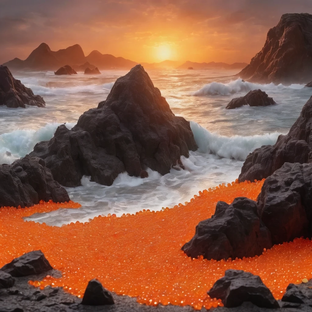 、Coastline diorama made of orange gemstones、There is no one、masterpiece, 8k, Perfect quality , Realistic,Ultra-crisp details , Detailed Background   