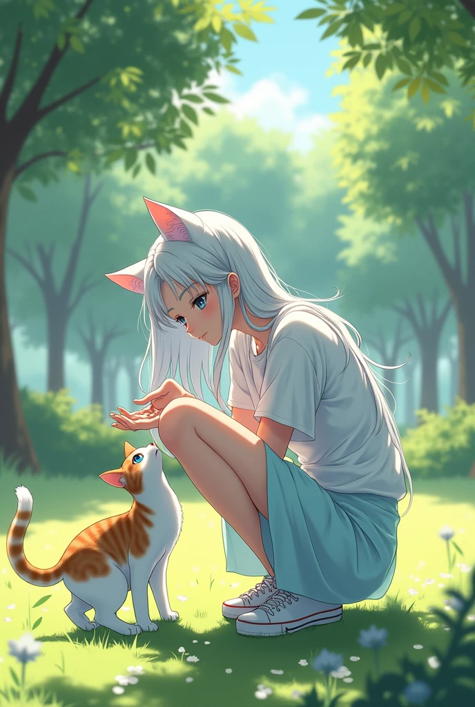 A white-haired, ice-blue-eyed, pale-skinned anime ladies in a casual white-cyan dress is squatting down While looking and lifting the cat, the cat is a mix of white, orange and gray. In the park, under a shady tree, Beside the garden Wall fence.