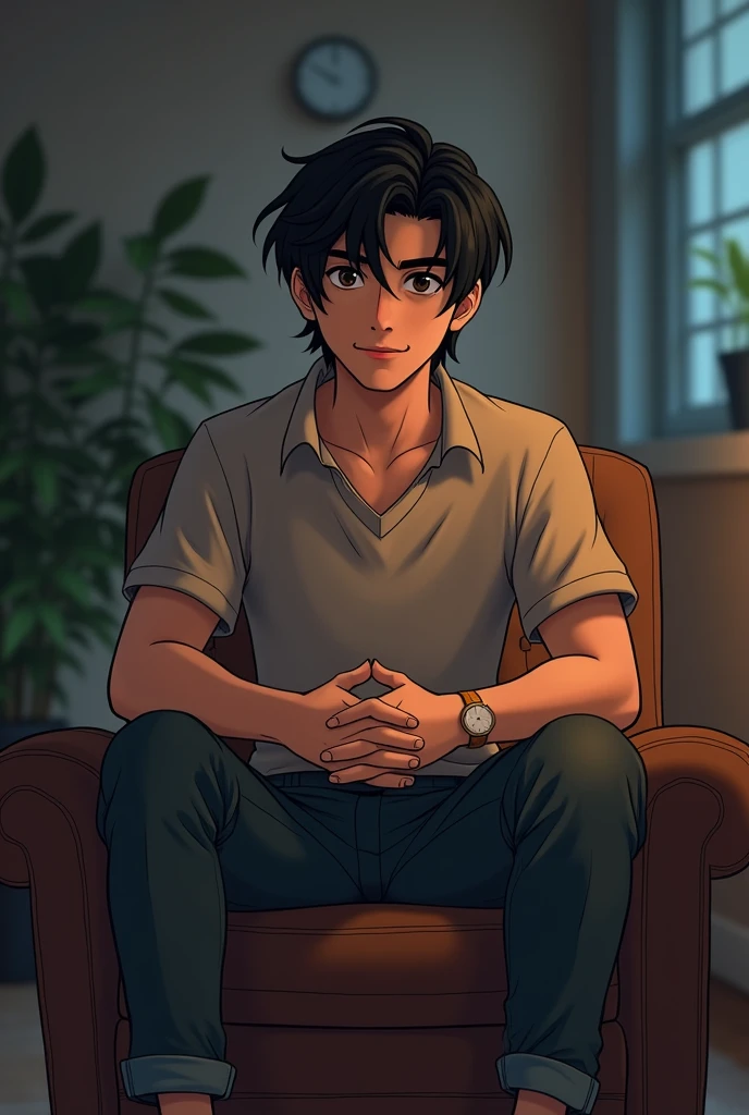 Cartoon character of a young man with black hair sitting on a chair in a room with a little low lighting and a quiet place. The character is more lively and realistic, more human.