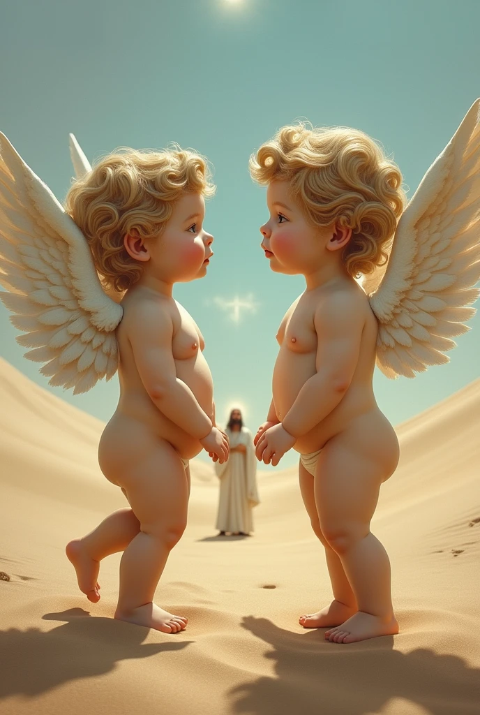 2 winged cherubs looking at each other near Moses in the desert