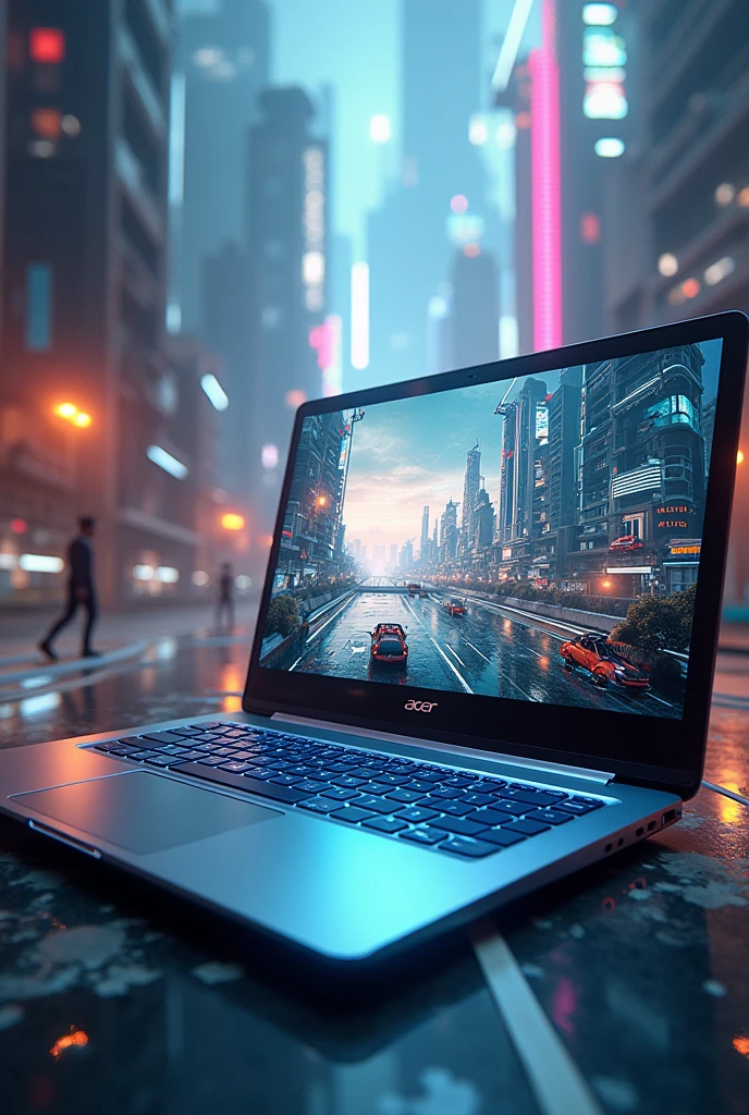 /img Acer laptop theme Real and Game world adventure of the future world. The picture is divided into two sides. The front is an Acer laptop.