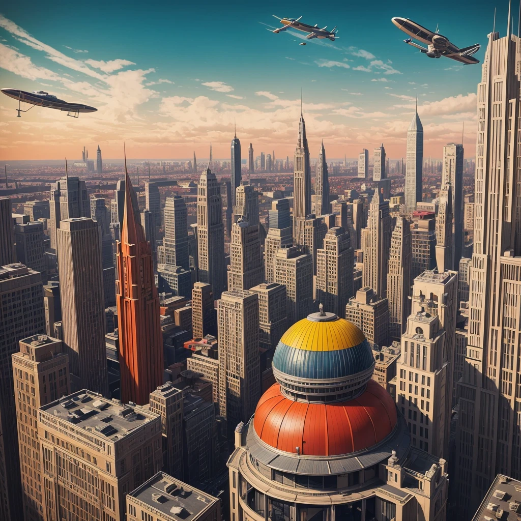 The cover of the book is in the style of vector art of the 1940s. A futuristic retro-style cityscape with tall Art Deco buildings, large spherical domes, streamlined aircraft in the sky, bright colors, busy streets, detailed crowds, intricate architecture, science fiction illustrations from the 1940s, high contrast, bold lines, bright shades of red, orange, yellow, white, dark blue, gloomy sky, highly detailed information - without labels -version 6.1 -raw style -AR 2:3 -S 500 -C 15 -P 94cczhz