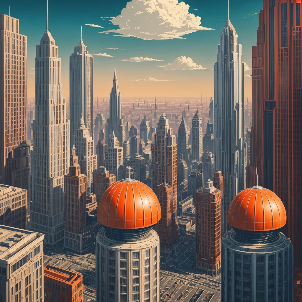 The cover of the book is in the style of vector art of the 1940s. A futuristic retro-style cityscape with tall Art Deco buildings, large spherical domes, streamlined aircraft in the sky, bright colors, busy streets, detailed crowds, intricate architecture, science fiction illustrations from the 1940s, high contrast, bold lines, bright shades of red, orange, yellow, white, dark blue, gloomy sky, highly detailed information - without labels -version 6.1 -raw style -AR 2:3 -S 500 -C 15 -P 94cczhz