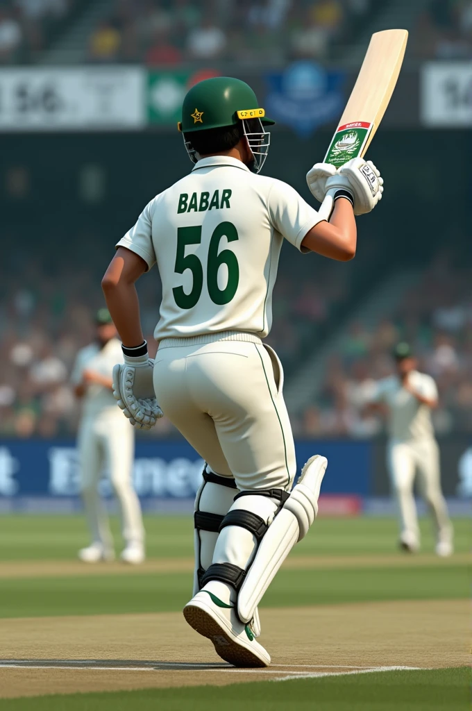 Aa realistic 3D image of a batsman (cricketer) of Pakistan in white coloured test kit (white jersey white trousers)a proper test kit which a cricketer wears but the arms of the kit should be half (half sleeved kit) and the cricketer is 5 feet and 10 inches tall and the image depicting his bakside and on the bak of his jersey it is written in bold letters "BABAR" and below it 56 is written and all this written in green colour while he jumped in the air with his raised bat which is made of wood and a wite coloured grip on the bat with "GRAY-NICOLLS"written on the middle of the bat in bold letters and him wearing a white coloured arm guard on his left arm with a cricket helmet of green colour on and on the sides of it ""GRAY-NICOLLS" written in a tiny formart and the cricketing gloves of white and green colour on his both hands and a pair of white sports shoes which should have the yellow WINK EMOJI on both the shoes and more importantly this picture should be shown as it is on a LED TV of black colour in a stadium with a few bangladeshi players in white test kits there,the view should be seen clearly and on the bottom of the screen on the TV it is written PAKvsBAN and it should be written "BABAR 103 and beside it in a tiny format is written 62" and it should also be written "RIZWAN 57 and beside it in tiny format is written 31" and after that is written "SHAKIB and beside it is written 3.3 in a tiny format"and this all to be written on the bottom of the tv screen in one line in black colour"and a 20 year old girl in a beautiful room with a smartphone in her hand clicking the picture of the scenario described above from the LED TV with happiness and excitment wearing a white and black coloured beautiful kurti and plazo with a dupatta on her both shoulders covering her chest,with open black hair and in her room there should be a calender of AUGUST 2024 which should be seen clearly and her room has a beautiful study table with books and lamp on it with a beautiful cupbo
