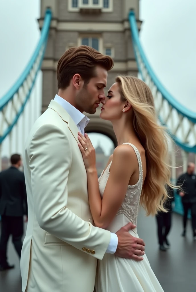 a cinematic capture of a brown-haired, amber-eyed man resembling Joseph Morgan, he is dressed elegantly in a white suit, e Candice Accola, a beautiful woman with blonde hair and a very elegant white dress, in the background you can see London Bridge, a cinematic atmosphere of plot and romance, in the background you can see the streets of London, cinematic, photo, 32K