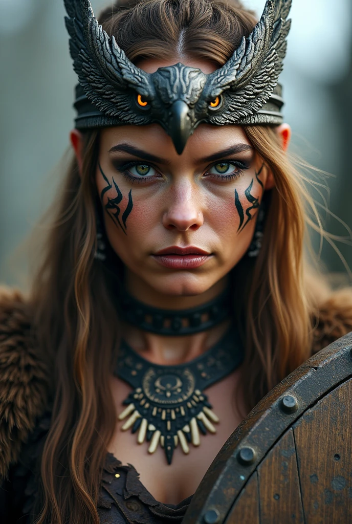 Close up face of beautiful viking queen, wooden shield in hand, eagle crown , tribal design on the eyes, Angry, bone ornaments on the neck, leather armor, focused