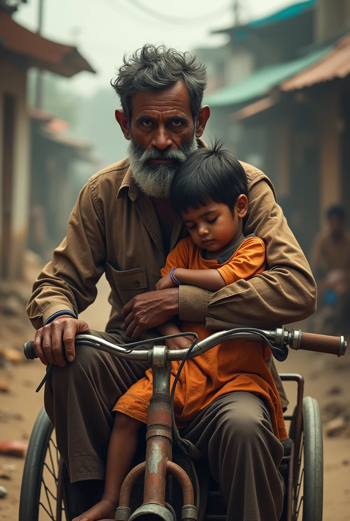 Village poor father riding rickhaw sleeping with hindi life quote in middle