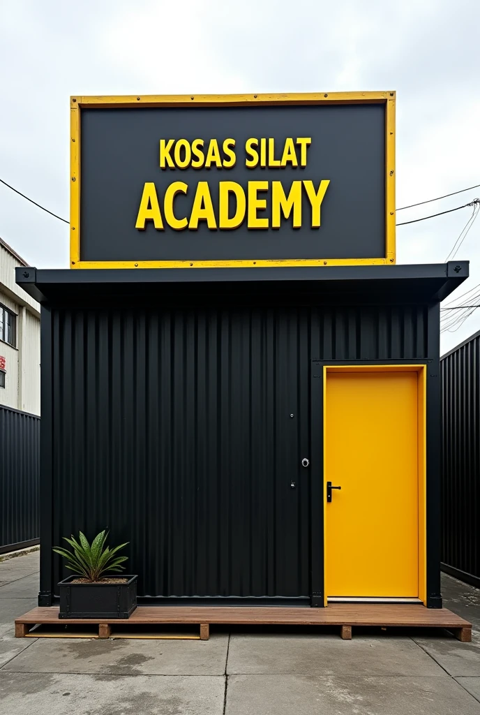 Container cabin size 10x20 Painted in black and yellow .Above it there is a board that says KOSAS SILAT ACADEMY.super realistic.