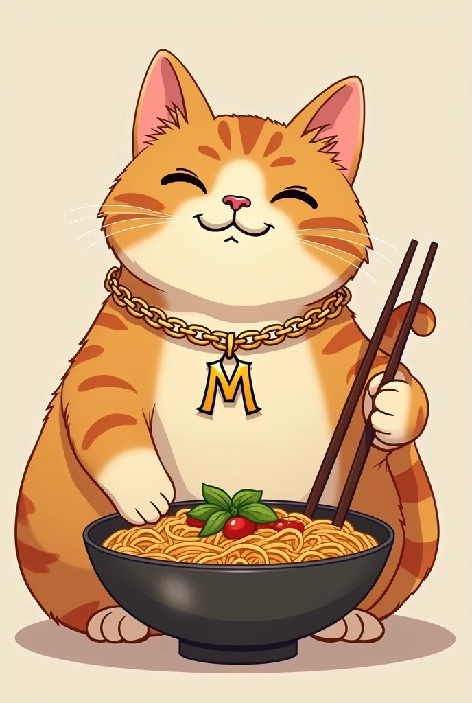 Fat cat inviting friendly with gold chain eating from a bowl of Chinese noodles. Pendant of the chain a curved M in comic style