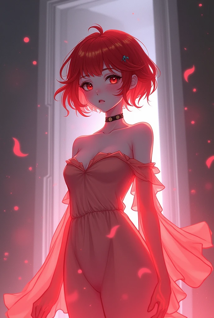 Design of a unique character that is an anime style male ghost with red and femboy colors