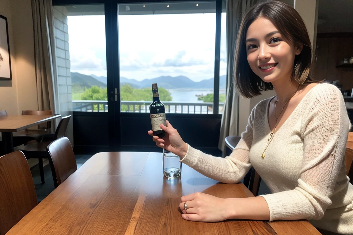((Highest quality、8k、masterpiece:1.3))、Whiskey bottles、The Macallan、Joni Black、Old Parr、whiskey、Suntory、Nikka、slimカップル、modelカップル、(Realistic, Intricate details:1.2), full-course dinner、Whiskey bottle and glass on the table、Single Malt、scotch、Rocks glass、Shot Glass、On the rock、Scotland、Amazing view of the sunset sky and clouds、A bright smile、The wonderfulness of smile、 Beautiful Face, blue eyes, The light shines on your face, blush, short hair,Bright Face、 (Age 37), 3,Two beauties、Brown Hair、Shortcuts、Long sleeve shirt、dress、Beautiful woman 1, (slimな顔), (The body is slim), (Brown Hair), (Shortcuts), cheeks turn a little red,Attractive beauty、restaurant, In a prominent place (From the waist up) Nova Frog Style, actress, model, Upper Body, White wine, slim, smile, (smile: 1.15), Beautiful fine grain, Depth f/2,saturation, High Contrast, Strong light and shadow,Moist Body:1.5、3D texture、Delicate eyes、Brown Hair、The hair is very shiny、