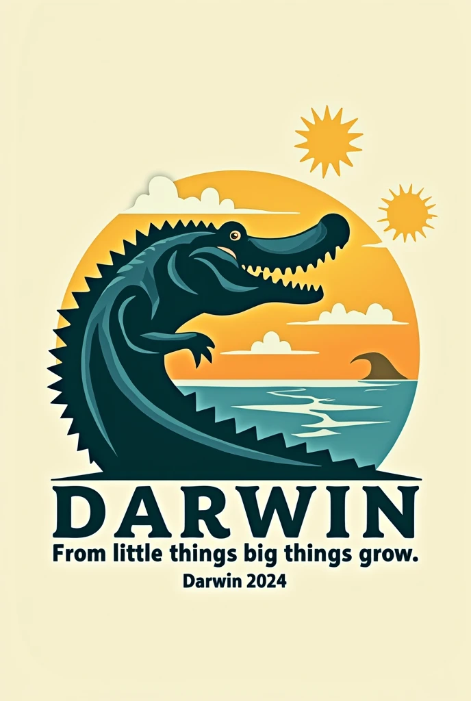 Create a modern, bright, and bold logo for an event in Darwin, Australia, featuring a combination of text and a crocodile silhouette. The crocodile should be dynamic and easily recognizable, capturing the essence of Darwin's famous saltwater crocodiles. The event tagline 'from little things big things grow' should be prominently displayed, along with the location and year 'Darwin 2024.' The design should be vibrant, with a focus on a bright color palette that ensures the logo stands out, especially when used as a sticker.