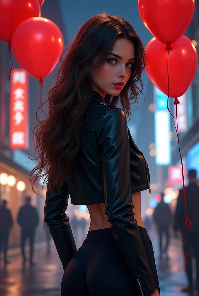 beautiful young happy very beautiful girl, blue charming eyes, red lips, sophisticated face, medium size prominent bust and ass, brown black long hair, black leather jacket and black very tight sports leggings,shot from behind, reet in a night city, red ballons,(airbrush painting, detailed style), soft lighting, 8k