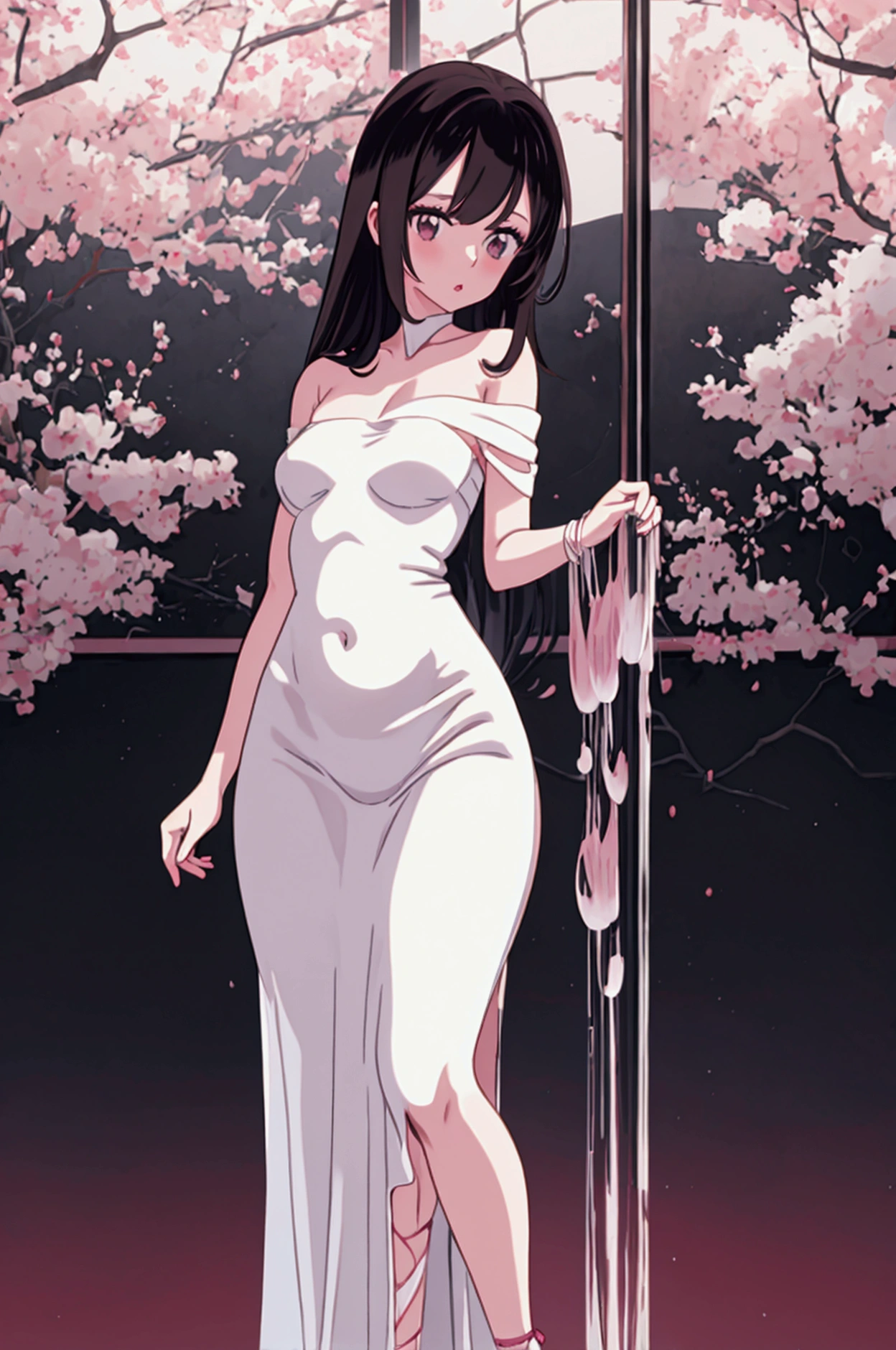 Standing in the middle, looking at viewers, anime style, masterpiece, best quality, perfect anatomy, very aesthetic, absurdres, solo, beautiful 1girl, , porcelain white skin, sharp brown eyes, naturally pink lips, flat AA-cup breasts, defined waist, curvy bum, straight black hair, messy bangs, (waist-length hair) , wearing plain white off-the-shoulder dress, strapless white bra, hourglass figure, elegant style, effortless look, standing pose, clean and sophisticated outfit
