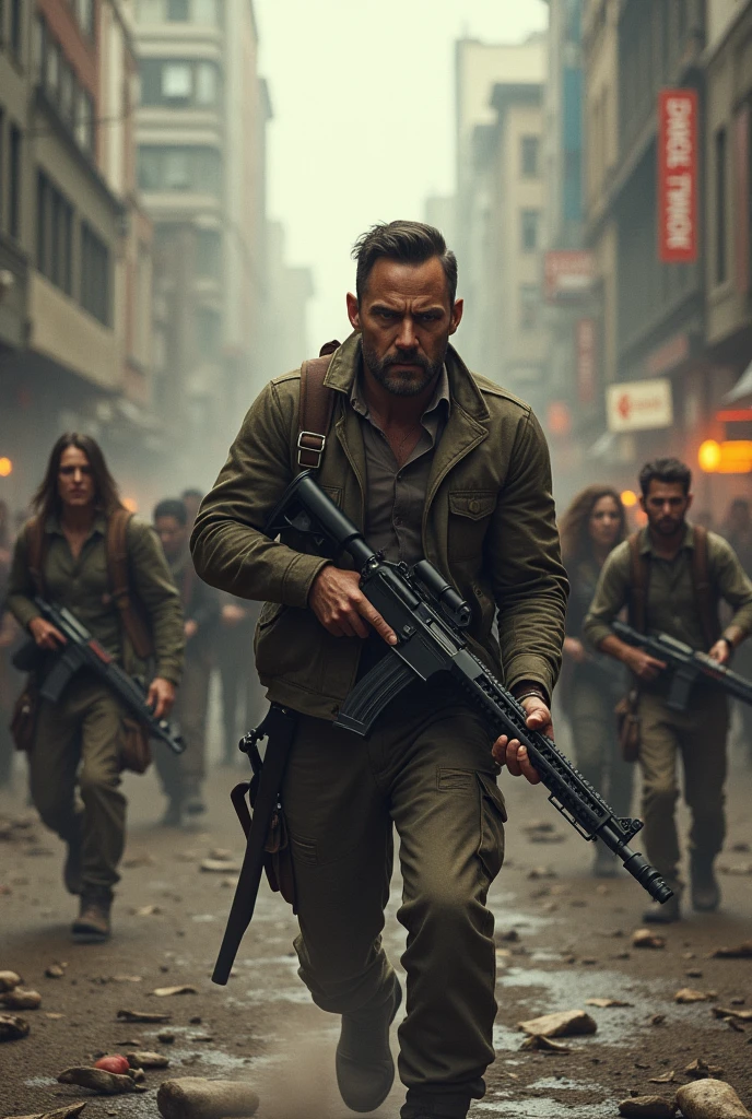 A man fighting against the zombie in his city with his friends with weapons 