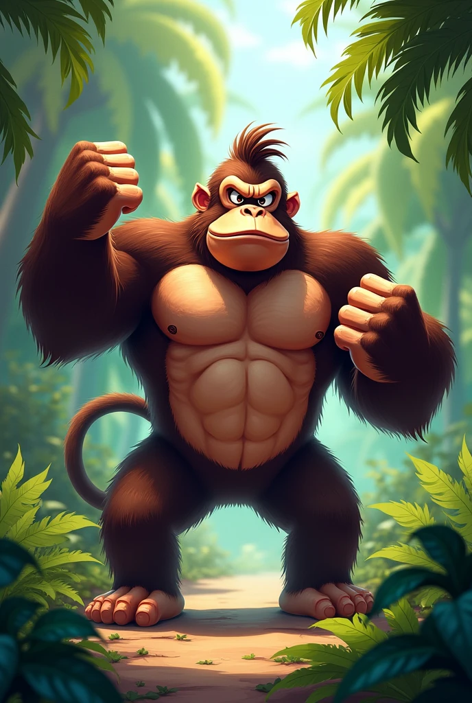Detailed picture of a Donkey Kong anthro, (chocolate brown, big), he is beating his chest with his left hand on the middle of the jungle, trending on Art Station, Ross Tran, ruan jia, foxovh, ((determined expression, (((dynamic lighting,))), cartoon