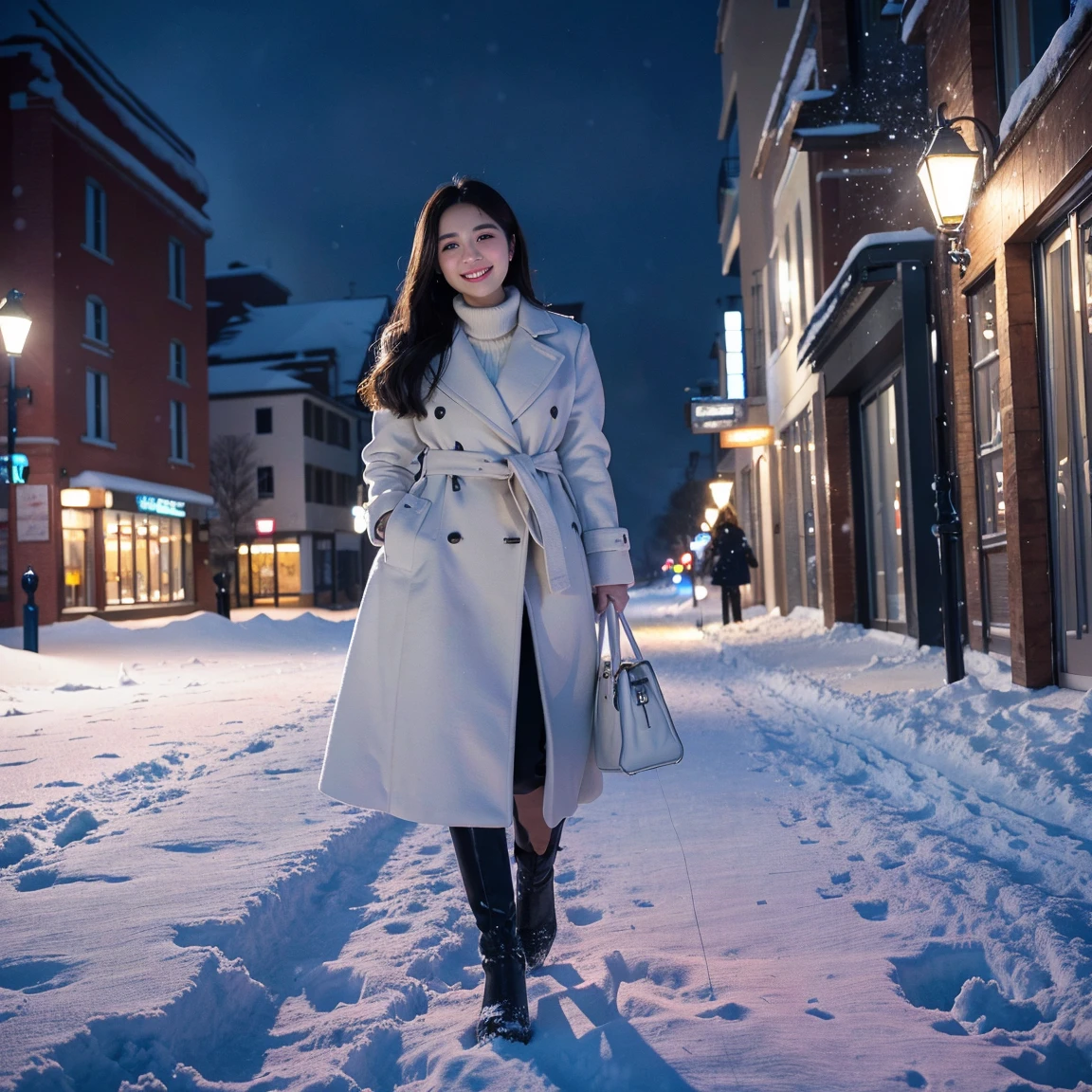(Highest quality、masterpiece、8k、Best image quality、Hyperrealism、Award-winning works)、1 girl、(The perfect heavyweight melton coat:1.2)、Soft indirect lighting、Soft and delicate light、Romantic lighting、Spectacular Cinema Lighting、Romantic snowy night city、Romantic illumination、Beautiful night view of a snowy city、(The most beautiful smile looks at me:1.1)、Sparkling fine snow、Beautiful snow reflecting light、Diamond dust、(Tyndall effect:1.1)、Beautiful snowy scenery、(that'it's snowing:1.1)、(あなたの髪にit's snowing:1.1)、Accurate anatomy、(Face close-up:1.3)、Beautiful Glossy Lipstick, Natural Color、Natural Makeup、Glossy Lips、Ultra HD glossy skin、ultra-high definition radiation, Beautiful Skin、潤いのあるBeautiful Skin、Beautiful, glowing skin、超高精細のGlossy Lips、Ultra-high definition sparkling eyes、(Beautiful perfect teeth in super high resolution:1.1)、(Please smile widely and show your beautiful teeth.:1.1)、(perfect beautiful teeth:1.1)