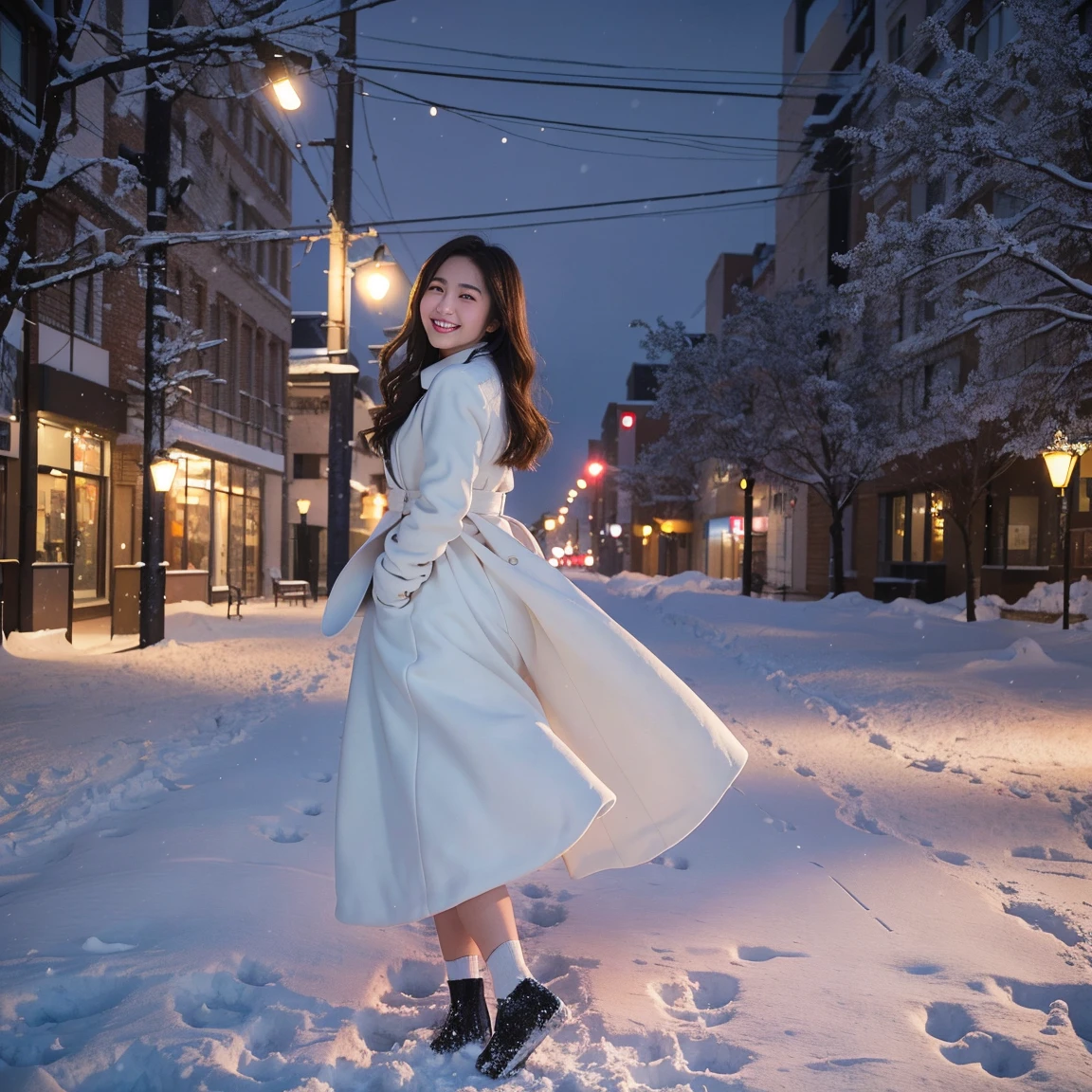(Highest quality、masterpiece、8k、Best image quality、Hyperrealism、Award-winning works)、1 girl、(The perfect heavyweight melton coat:1.2)、Soft indirect lighting、Soft and delicate light、Romantic lighting、Spectacular Cinema Lighting、Romantic snowy night city、Romantic illumination、Beautiful night view of a snowy city、(The most beautiful smile looks at me:1.1)、Sparkling fine snow、Beautiful snow reflecting light、Diamond dust、(Tyndall effect:1.1)、Beautiful snowy scenery、(that'it's snowing:1.1)、(あなたの髪にit's snowing:1.1)、Accurate anatomy、(Face close-up:1.3)、Beautiful Glossy Lipstick, Natural Color、Natural Makeup、Glossy Lips、Ultra HD glossy skin、ultra-high definition radiation, Beautiful Skin、潤いのあるBeautiful Skin、Beautiful, glowing skin、超高精細のGlossy Lips、Ultra-high definition sparkling eyes、(Beautiful perfect teeth in super high resolution:1.1)、(Please smile widely and show your beautiful teeth.:1.1)、(perfect beautiful teeth:1.1)