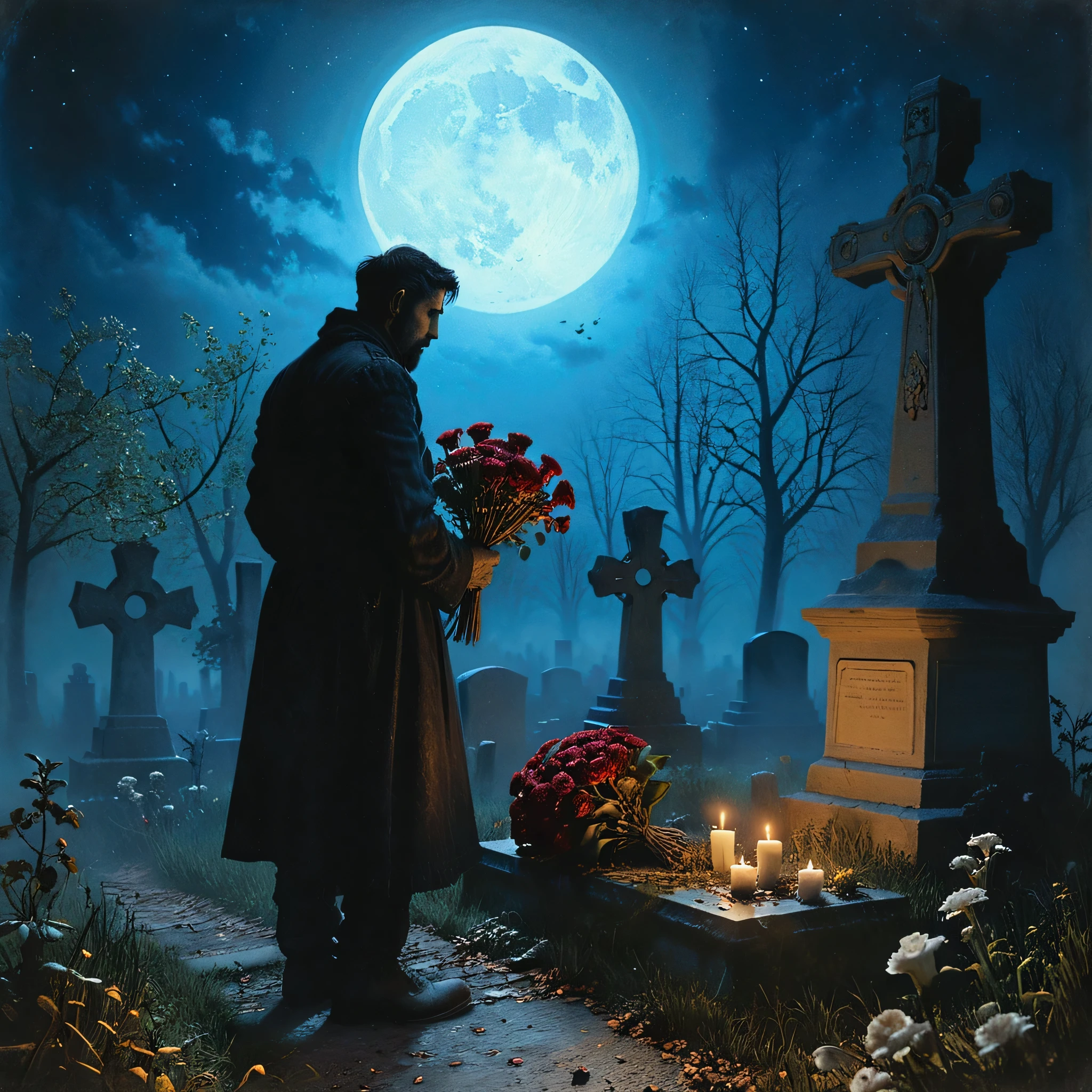 a man standing in a cemetery with a bouquet of flowers, kramskoi 4 k, at the graveyard at midnight, in a graveyard, inspired by Michael Whelan, michael whelan and gustave done, michael whelan and gustave dore, michael whelan art, kramskoi, sitting in a cemetery at night, by Alexander Kucharsky, by Michael Whelan