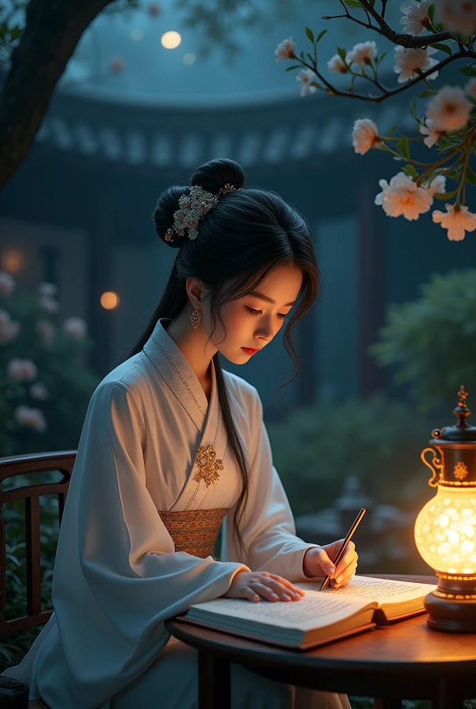 a beautiful elegant woman in traditional chinese dress, sitting at a low table in a tranquil night garden surrounded by ancient walls, reading an ancient chinese book by the light of a lamp on the table, her right hand holding a pen, her left hand resting on the table, (masterpiece), (realistic, photorealistic, photo-realistic:1.37), 4k, extremely detailed, beautiful detailed eyes, beautiful detailed lips, extremely detailed eyes and face, long eyelashes, intricate details, ornate details, highly detailed, cinematic lighting, natural lighting, atmospheric, moody, serene, peaceful, contemplative, classical chinese aesthetic, traditional chinese architecture, lush garden, flowers, night sky, stars