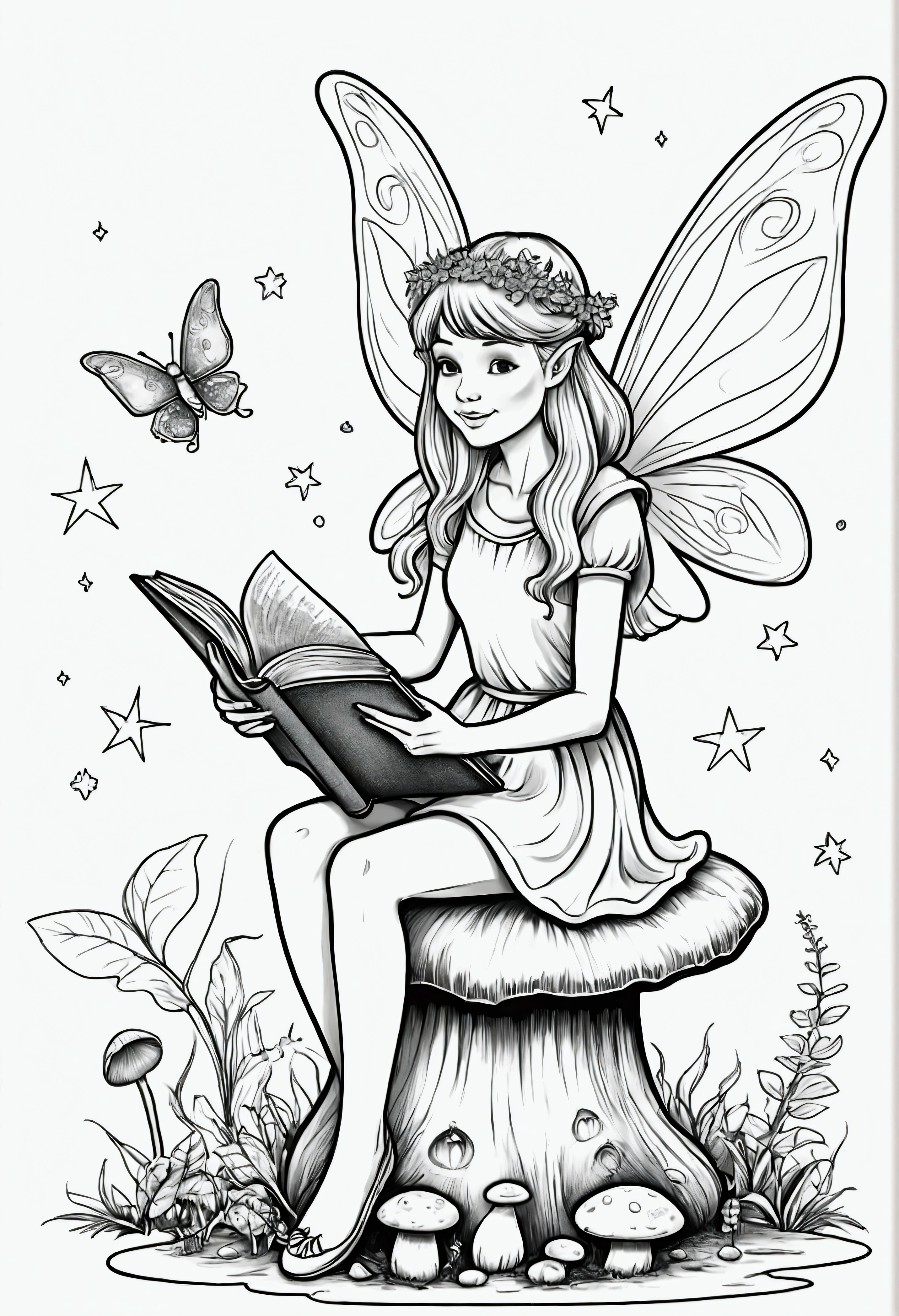 A fairy sitting on a toadstool, reading a book of spells, for coloring pages, full white,clean line art, children's style, magic forest background, full body, Sketch style, playful style, childrens,coloring page, clean line art, white background, colouring page, clean outline