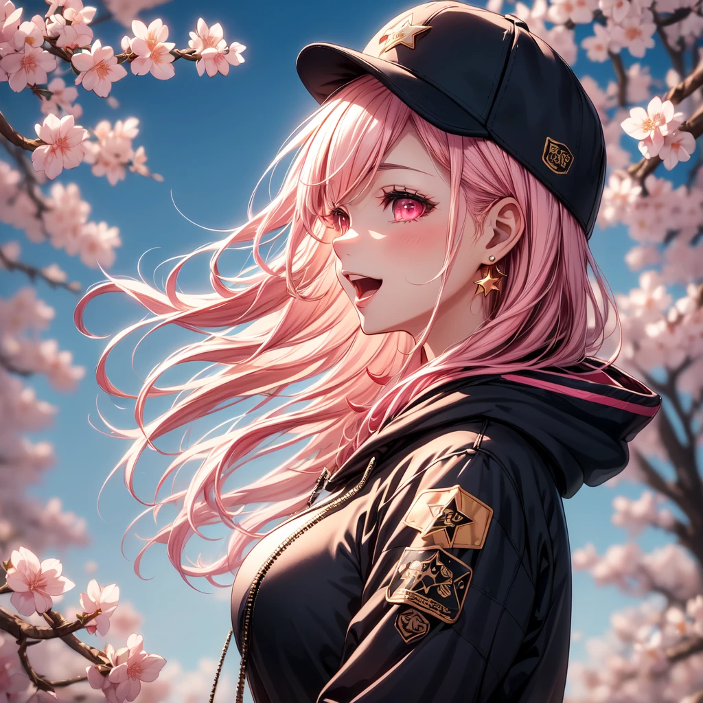 (masterpiece:1.2), best quality,PIXIV, beautiful Rebellious girl,portrait, 
1girl, hat, open mouth, glossy lips, pink hair, solo, mischievous smile, long hair, white background, jewelry, badge, button badge, hood, pink eyes, earrings, simple background, harajuku inspired jacket, long eyelashes, from side, hood down, star (symbol), profile, upper body, clothes writing, zipper, collar, massive accentuated super huge enormously gigantic breasts, chain, sexy seductive, cherry blossoms blowing in the wind, hat ornament, piercing, barcode, portrait, sticker, hoodie, smile, spikes, baseball cap
 