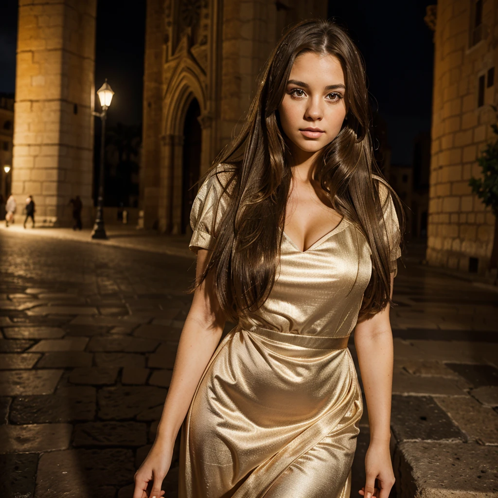 girl with long brown hair , light eyes, sexy look , with evening dress, in the center of mallorca cathedral at night , hyper detailed photography , soft light, portrait, realist