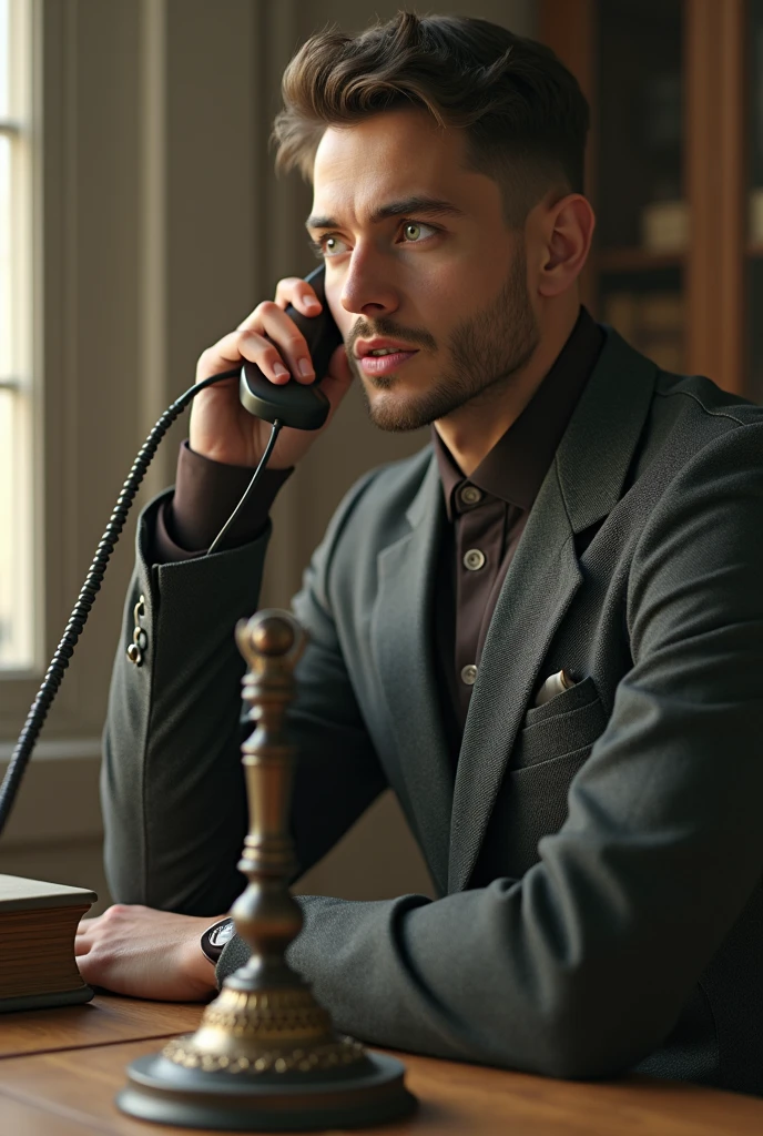A modern person from 2024 talking on a Graham Bell telephone from 1876, that the image is natural