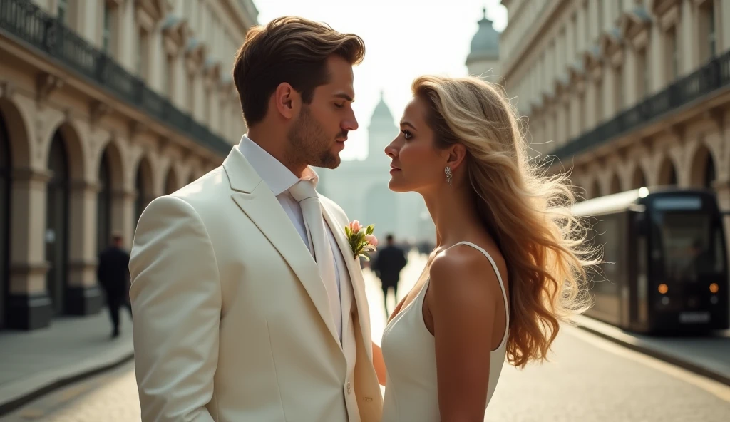 a cinematic capture of a brown-haired, amber-eyed man resembling Joseph Morgan, he is dressed elegantly in a white suit, e Candice Accola, a beautiful woman with blonde hair and a very elegant white dress, they are both on the streets of london, a cinematic atmosphere of plot and romance, in the background you can see the streets of London, cinematic, photo, 32K