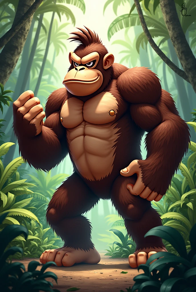 Detailed picture of a Donkey Kong anthro, (chocolate brown, big), he is beating his chest with his left hand on the middle of the jungle, trending on Art Station, Ross Tran, ruan jia, foxovh, ((determined expression, (((dynamic lighting,))), cartoon