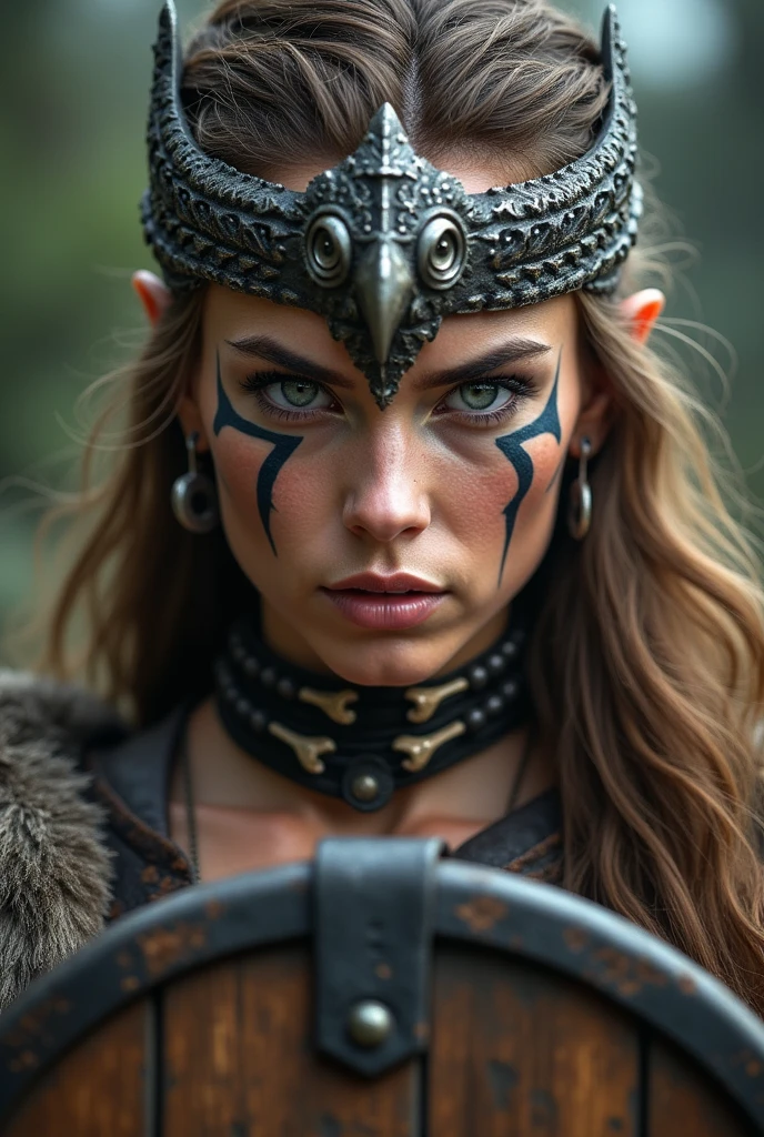 Close up face of beautiful viking queen, wooden shield in hand, eagle crown , tribal design on the eyes, Angry, bone ornaments on the neck, leather armor, focused