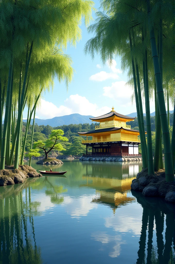 A peaceful image of the Bamboo Grove in Arashiyama, Kyoto, with the tranquil Kinkaku-ji (Golden Pavilion) reflected in its serene pond. The scene is framed by towering bamboo stalks, and in the distance, the traditional boats glide along the Hozu River.