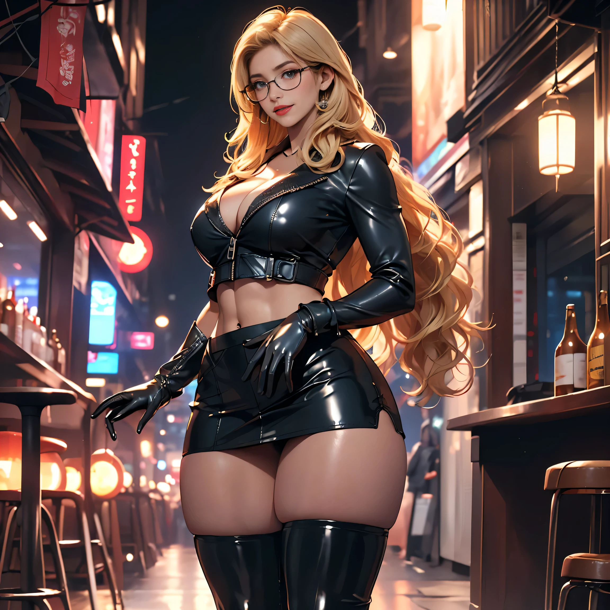 (((1 woman in frame), Pretty Caucasian (female), Sarah Shahi, a slim but muscular body, huge breasts, ray tracing, perfect anatomy, Voluptuous, )), ((bright red lipstick)), ((seductive smile)) ((big bright blue eyes looking towards the viewer)) ((open long wavy blond hair)), perfect anatomy, Voluptuous, ray tracing, Ultra realistic 8K, flawless, tall,(Red Lip, Heavy makeup)、Standing in a sexy pose、Nikon Z 85mm, ((Best Quality)) ,((masterpiece)), intricate details, Extremely delicate and beautiful, ((DC black canary character, black corset top:1.6, jet black leather rider jacket, ((large cleavage))、((black latex Ultra micro miniskirt((very very very micro miniskirt exposing full length thighs))))、black latex gloves、black glasses、black shining shoes、((beautiful exposed long thighs))、)):1.0、(Full body shot:1.0)、Sexy look, standing pose、NSFW:1.0, Gotham City beer bar, night, ((view from front))、