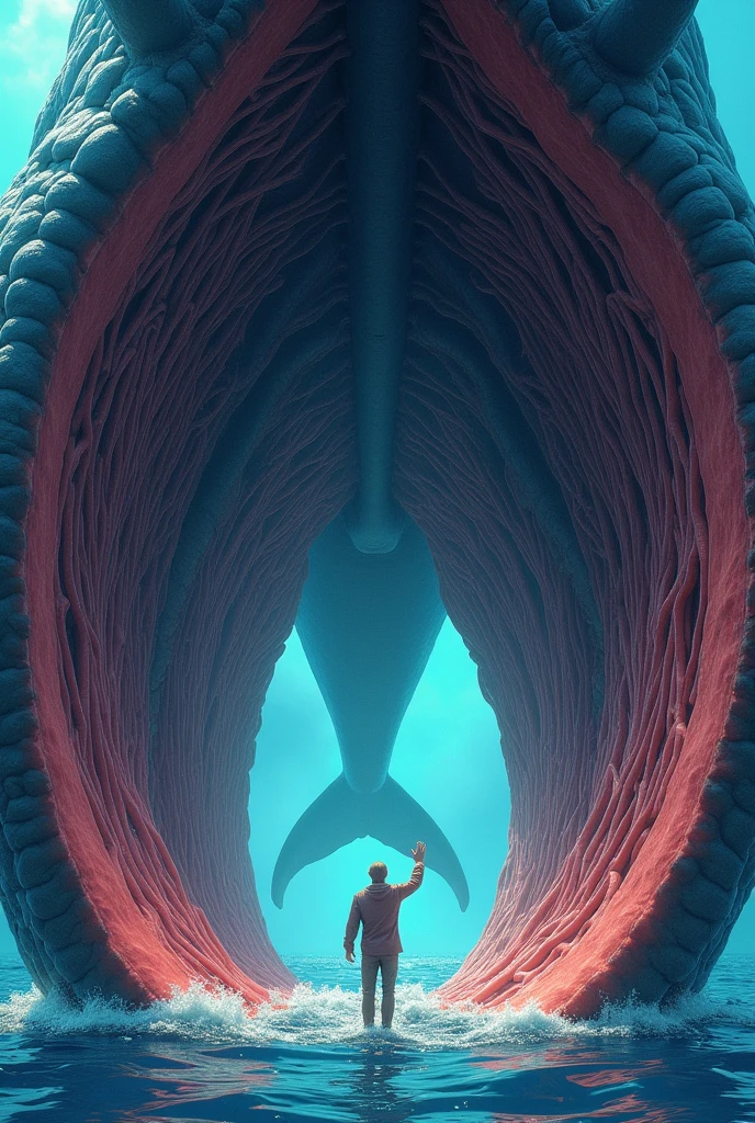 Show a blue whale&#39;s heart is so big a human could swim in one of its arteries, shows how the heart of blue whales is simply colossal, with arteries that could easily accommodate an adult. It is made in the form of a drawing showing a human being.( a human wearing clothes and super admiring the greatness of the whale&#39;s body and waving to us) inside of the whale artery, no need to show the front just show the inside with a human being 